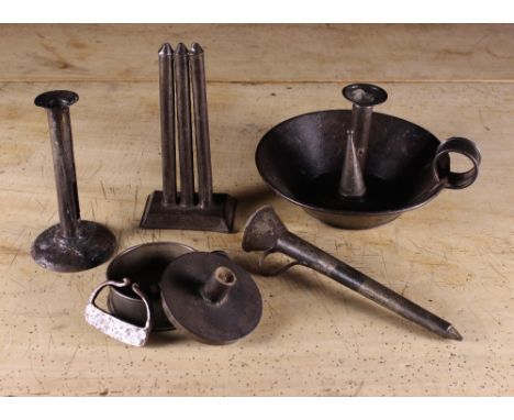 A 19th Century Tinned Iron Tinder Box/Candlestick, a large 19th century tinned iron chamber stick, a 19th century sheet iron 