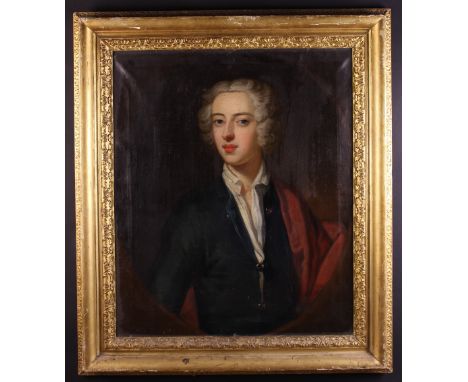 English School.  An 18th Century Oil on Canvas: Head & Shoulders Portrait of a Young Gentleman wearing a blue jacket with red