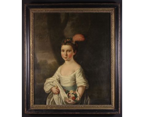 English School.  An 18th Century Oil on Canvas: Half Length Portrait of a Young Girl wearing a plumed floral headdress, white