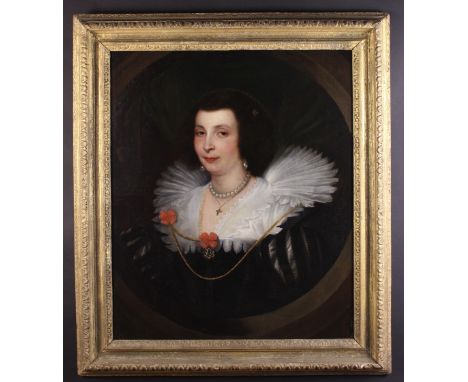 Studio of Anthony Van Dyck . A 17th Century Oil on Canvas laid onto Panel: Portrait of Anna Maria de Camudio, wearing an exqu