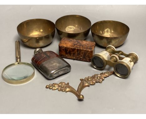 A pair of mother of pearl opera glasses, plated toddy etc