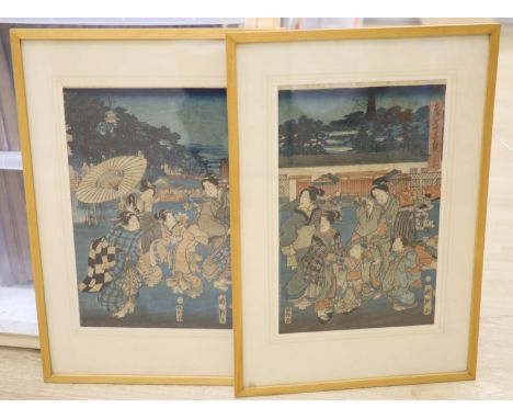 Kunisato, two woodblock prints, Views from famous places in the East Akabane Castle, 37 x 23cm