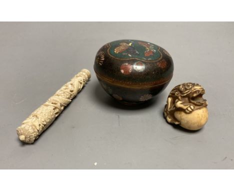 A 19th century Chinese carved ivory needle case, a damaged netsuke and a small cloisonne box