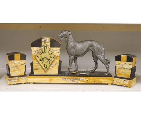A French Art Deco with 'borzoi' clock garniture, centrepiece length 48.5cm