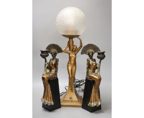 An Art Deco style figural lamp and two resin figural candlesticks, tallest 50cm