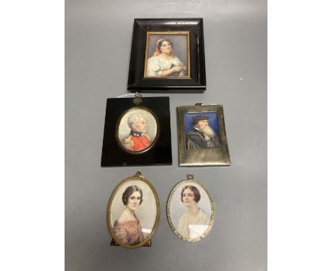 Marion Edith Hewkley (aka Sutherland Gill,19th/20th century), five miniature portraits, circa 1920, watercolour, comprising '
