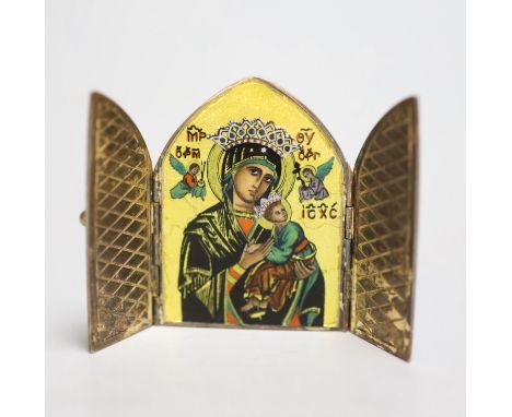 A miniature arched gilt 925 and enamelled folding icon, 54mm, the back bearing the engraving '925 Faberge Paris'.CONDITION: O