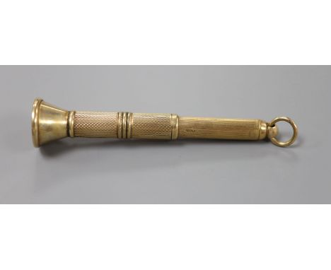 A mi 20th century engine turned 9ct gold cased cigar piercer, 67mm, gross 8.6 grams.