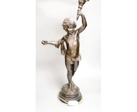 A spelter 'cherub' lamp with flame shade, height 89cm