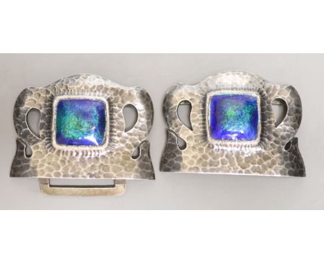 An Edwardian Art Nouveau Liberty &amp; Co silver and enamel belt buckle, no.62, Birmingham, 1908, 67mm, gross 33.1 grams.COND