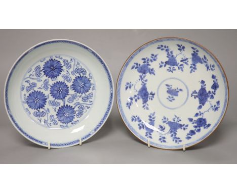 Two Chinese Kangxi blue and white dishes, one with Batavia cafe-au-lait glaze to the underside, diameter 22cmCONDITION: Small