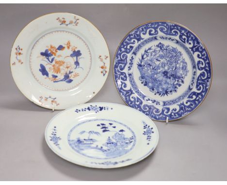 Three Chinese Qianlong plates, two blue and white, the third in Imari palette, diameter 23cmCONDITION: Enamelled plate - two 