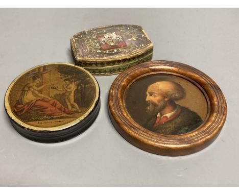 An Austrian papier mache portrait of a gentleman, in turned frame, early 19th century, a similar box of a classical scene and