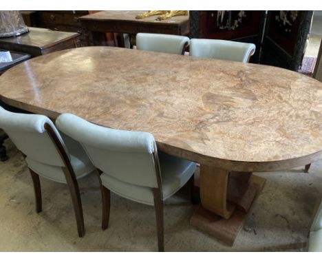 An Art Deco burr walnut dining table, width 214cm, depth 99cm, height 76cm together with four chairs