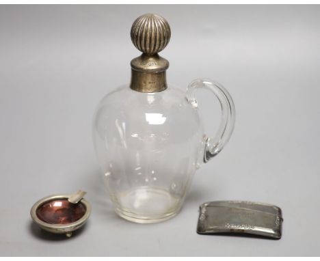 A late Victorian silver mounted glass decanter and stopper, London, 1893, 21.5cm, a silver card case and a white metal and en