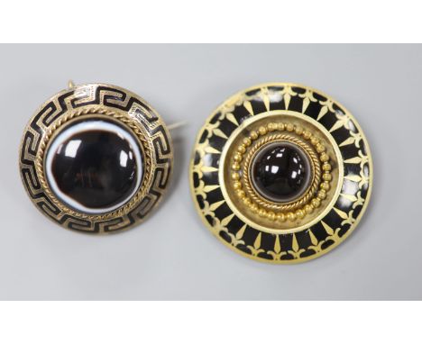 A Victorian yellow metal, enamel and cabochon banded agate set mourning pendant brooch, 30mm, gross 13 grams and one other si