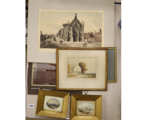 Attributed to David Cox, watercolour, Figures passing a house, 13 x 18cm, with two small oval watercolours and a group of ass