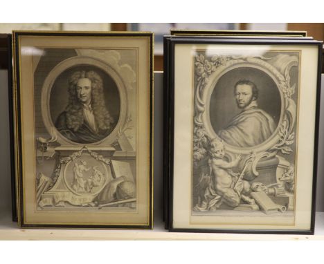 After Houbraken, a set of eight framed engravings, Portraits of Notables including Isaac Newton, Ben Johnson and Walter Ralei