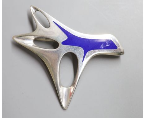 A Henning Koppel for Georg Jensen 925 and blue enamel pierced stylised tree brooch, design no. 323, 60mm, gross 29.2 grams.CO