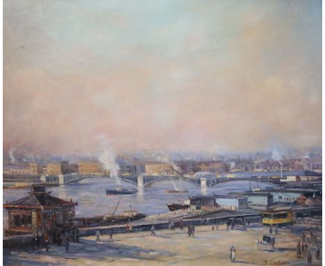 J. Desotta, oil on board, Figures beside the docks, a city beyond, signed, 49 x 60cmCONDITION: Oil on board in honest conditi