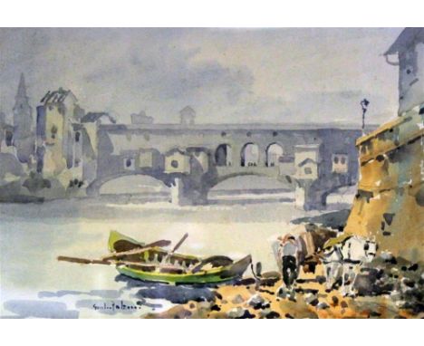 Giulio Falzoni (1900-1978), watercolour, View of the bridge at Florence, signed, 23 x 33cmCONDITION: Light fox spots visible 
