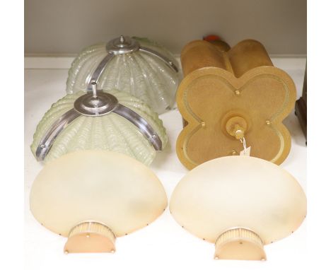 A pair of Art Deco style wall lights, a pair of similar 'shell' plaffoniers and a hanging light