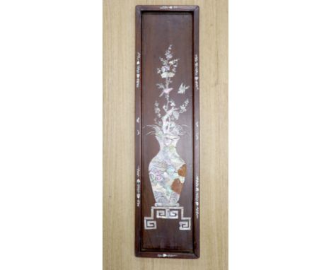 A Chinese hardwood and mother of pearl plaque, width 16.5cm height 65cm