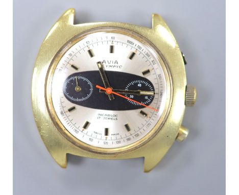 A gentleman's gilt steel Avia Olympic manual wind chronograph wrist watch, (no strap &amp; button missing), case diameter 40m