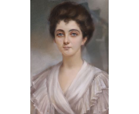 L. Hope c.1900, pastel, Portrait of a young lady wearing a white dress, signed, oval, 75 x 60cm