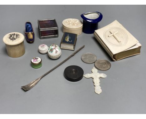 A group of small boxes and curios including a 19th century Dieppe carved ivory trinket box, 6cm.