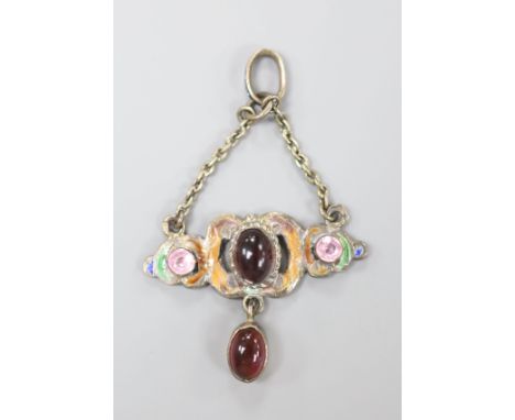 A late 19th century Austro-Hungarian white metal, cabochon garnet, gem and enamel set drop pendant, maker's mark HB, diameter