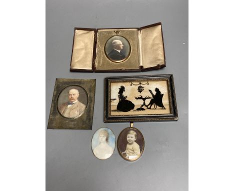 A collection of miniature portraits, including an early 19th century portrait of a young woman, oval, watercolour on ivory (u