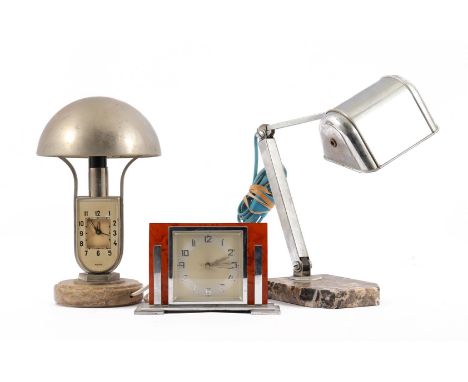 Lot Art Deco b.u. metal Mofem alarm clock / desk lamp on marble base, 29 cm high, metal and plastic Foreign table clock and m