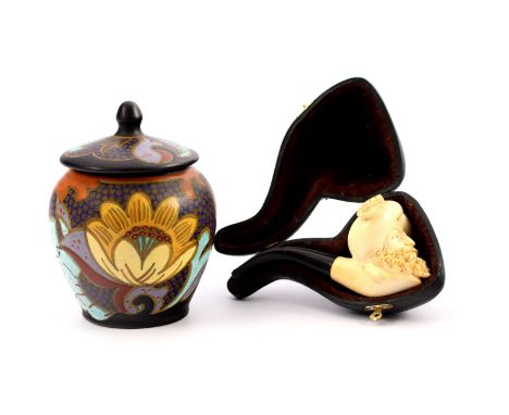 Zuid Holland Plazuid Gouda pottery tobacco jar with Pigan decor 15 cm high and old meerschaum pipe in the shape of an Arab, 1