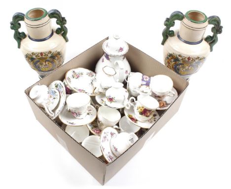 Box with porcelain cups and saucers, teapot and 2 Italian &amp; nbsp; earthenware decorative vases 31 cm high