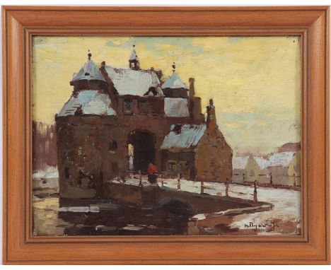 Signed H Boginar, city gate, canvas 23.5x17 cm