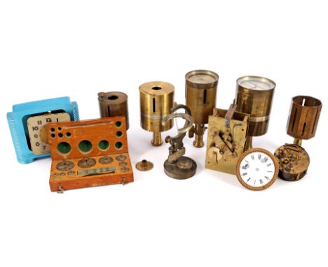 Lot measuring instruments b.u. brass octagonal equerre, 4 pantometers, 2 brass timepieces, enamel French dial, nut box with a