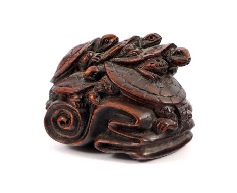 Japanese palmwood Netsuke of &amp; nbsp; 5 turtles on rock, ca.1900, 41 mm wide