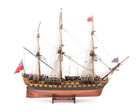 Wooden scale model three-master, HMS Bellona from 1780, 66 cm high (damage to mast)