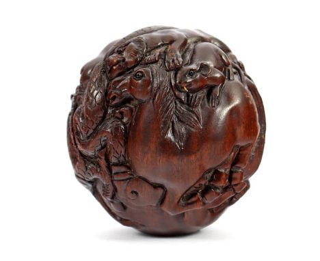 Japanese ball-shaped &amp; nbsp; palmwood Netsuke with scene of dragon and various animals, signed &amp; nbsp; on horse, ca.1