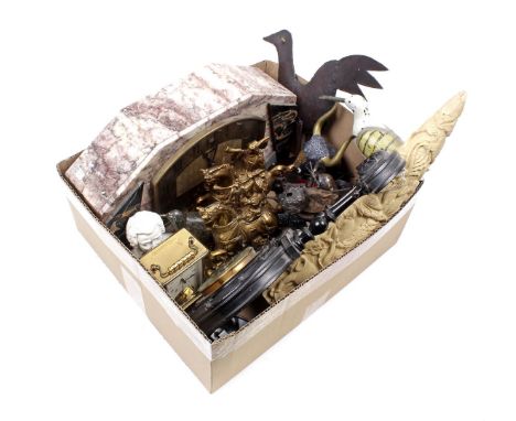 Box with Ucra marble mantel clock, brass riders on horseback, Schatz travel alarm clock, copper figurines, barometer and plas