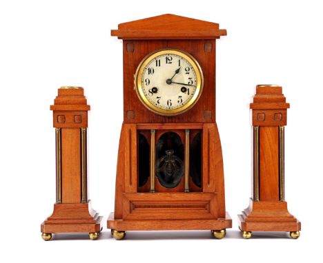 Junghans Art Deco mantel clock in walnut case 44 cm high and 2 matching candlesticks 30 cm high