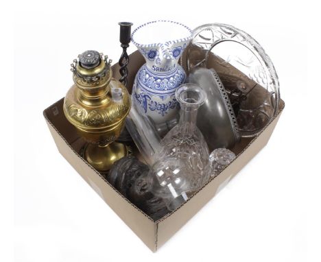 Box various wo. copper table oil lamp, crystal decanter, and candlestick