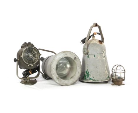 2 iron industrial lamps 51 cm high, brass lamp with glass shade 18 cm high and iron industrial theater lamp 35 cm high