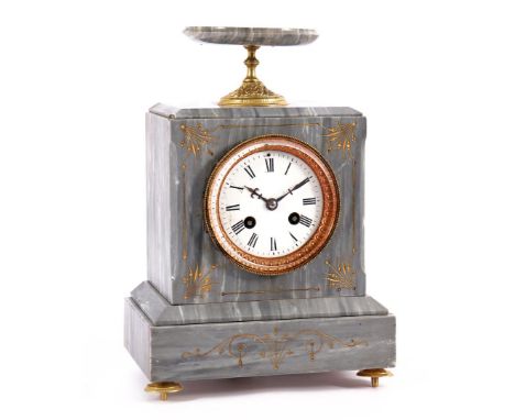 Gray French marble mantel clock with gold-colored fittings and engraved decoration on the front, 30 cm high