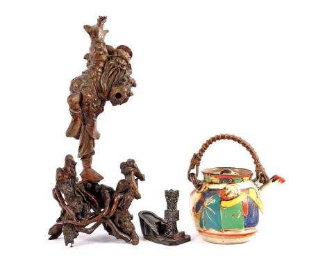 Asian wooden bombarded figure 43 cm high (hand defect), earthenware teapot with wicker handle 19 cm high and Chinese stone mi