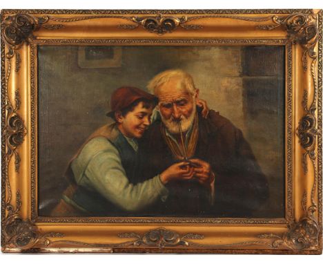 Anonymous, old man with pipe and boy, canvas, Italy ca.1960, 50x70 cm