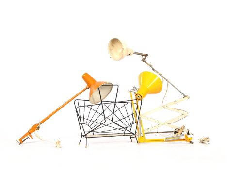 White lacquered metal Kaiser Dell scissor lamp, approx. 80 cm wide, orange lacquered table clamp lamp, Swing 630 Norway, 74 c