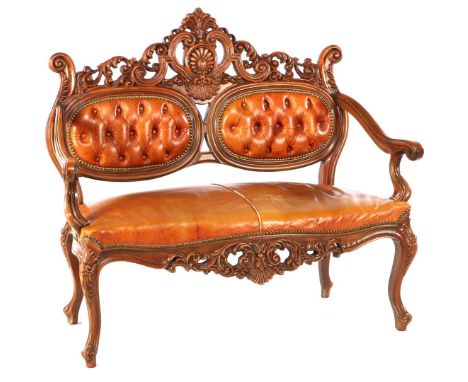 Classic nut color bench with brown leather, 107 cm high, 122 cm wide