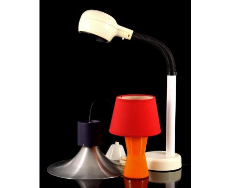 Orange glass table table lamp with red upholstered shade, 1970s, 30 cm high, metal hanging lamp, shade 19 cm high, 35 cm diam